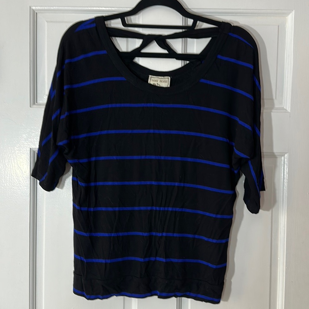 (2 for $20) Pink Rose Blue and Black Striped T-Shirt | Size: L